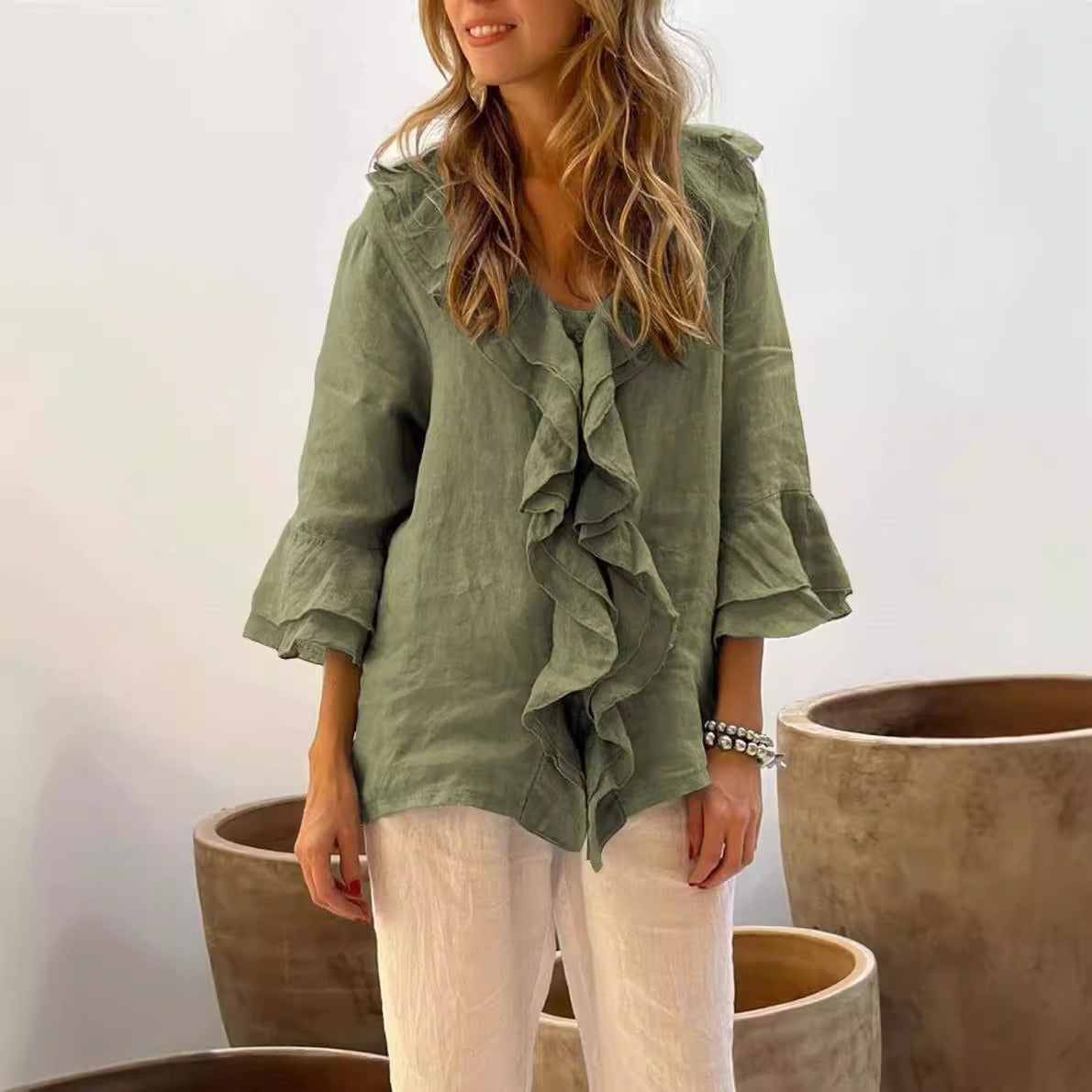 Women’s V-Neck Top – Loose Fit – Ruffle Trim – Bell Sleeves – Lightweight Linen