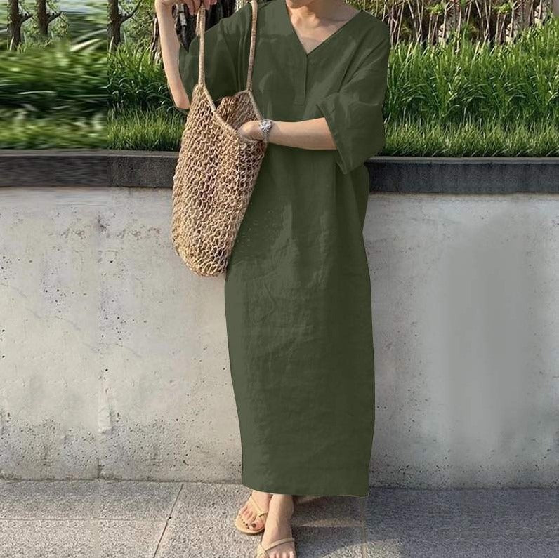Women’s Maxi Dress – Relaxed Fit – Cotton Linen – V-Neck – Short Sleeve Casual Wear