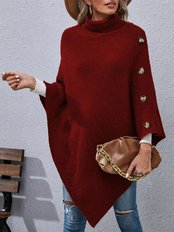 Women’s Cape Poncho – Wool Knit – High Collar – Oversized Fit – Button Detail