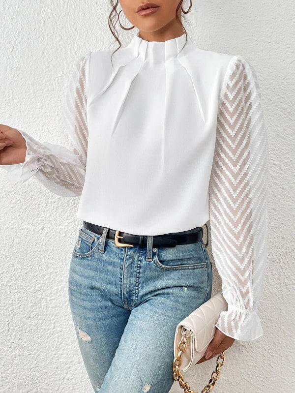 Women’s Long Sleeve Top – Sheer Textured Sleeves – High Neck – Relaxed Fit