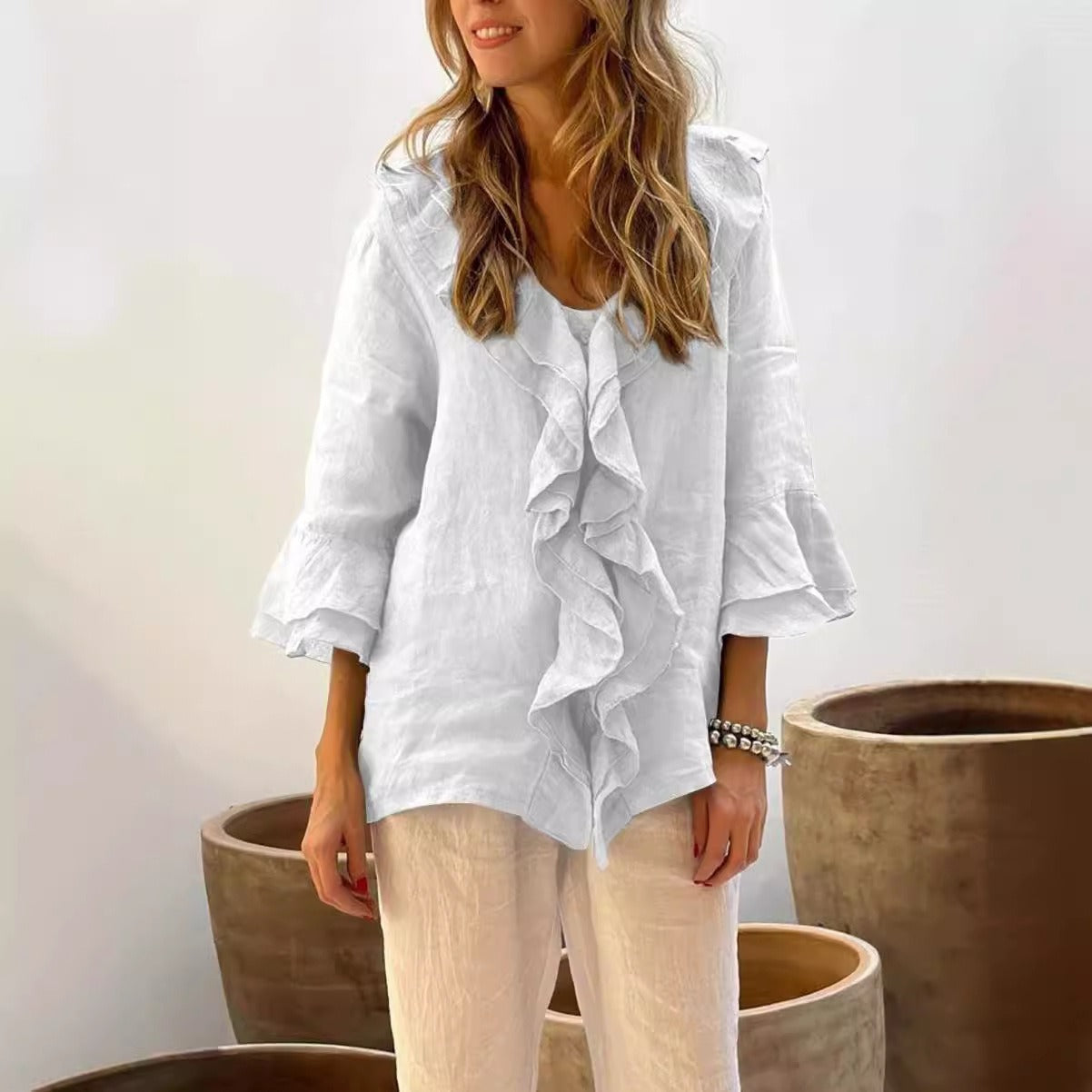 Women’s V-Neck Top – Loose Fit – Ruffle Trim – Bell Sleeves – Lightweight Linen
