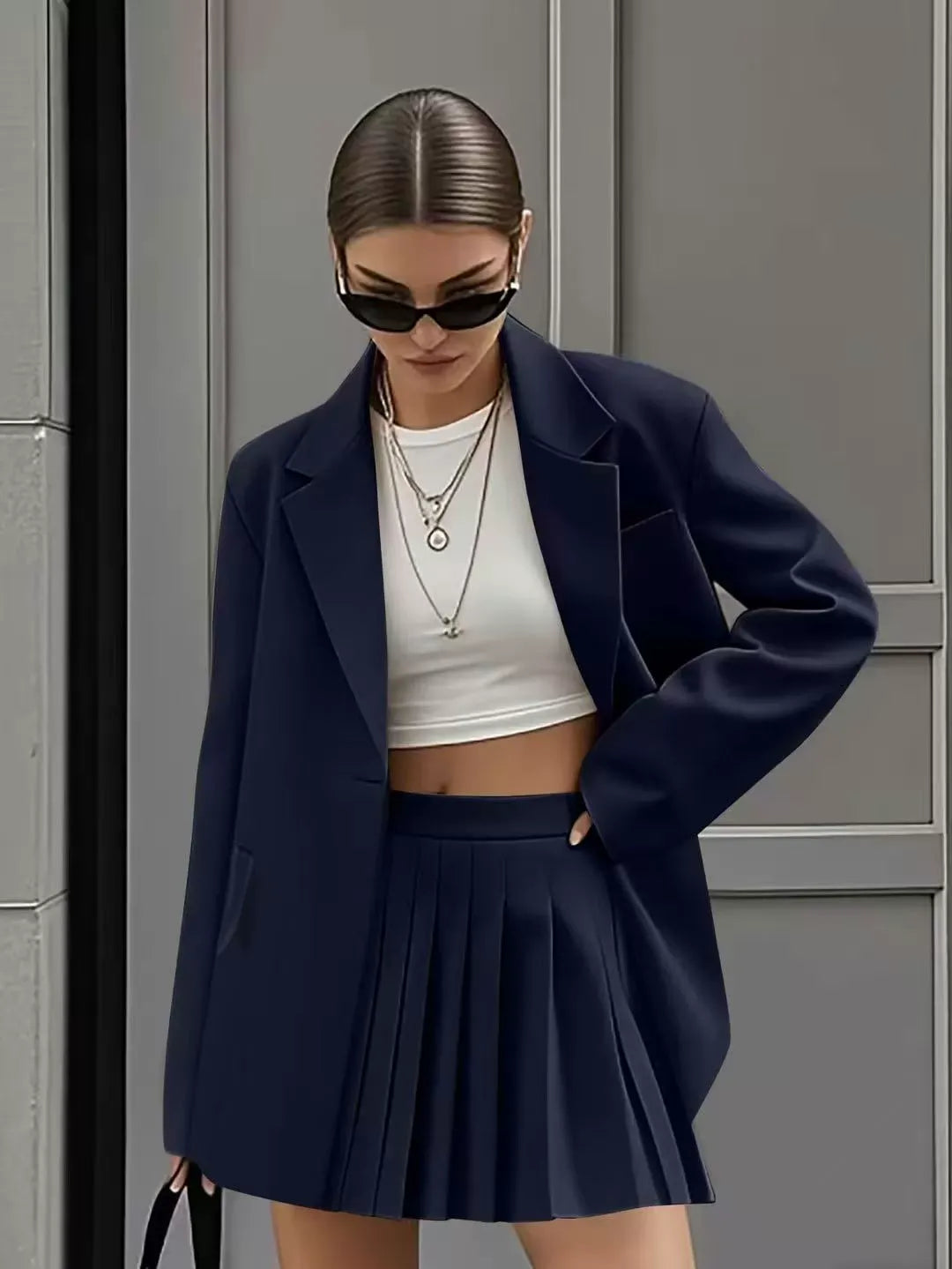 Women’s Skirt Suit Set – Relaxed Fit Blazer – High Waist Pleated Mini Skirt