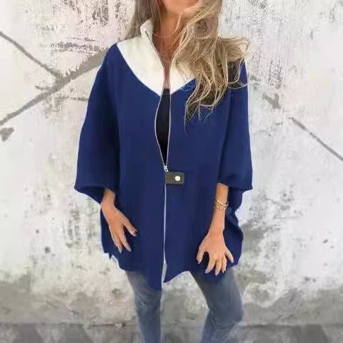Women’s Wool Jacket – Loose Fit – Stand Collar – Zipper Front – Mid-Thigh Length