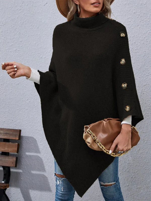 Women’s Cape Poncho – Wool Knit – High Collar – Oversized Fit – Button Detail