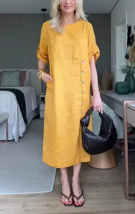 Women’s Midi Dress – Relaxed Fit – Cotton Linen – Side Buttons – Short Sleeve
