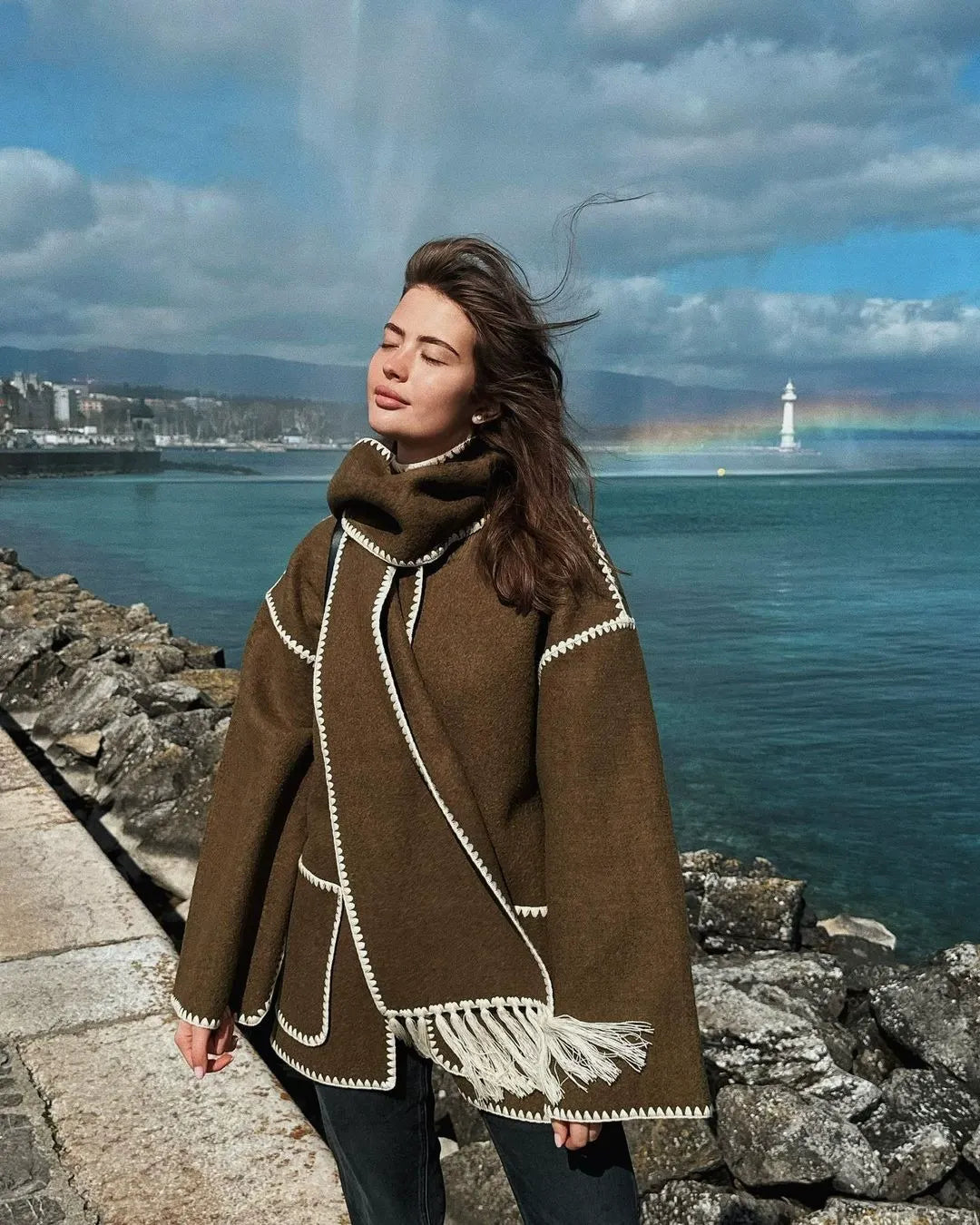 Women’s Wool Coat – Oversized Fit – Full Length – Button Front – Matching Scarf