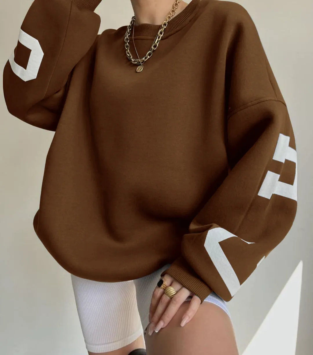 Women’s Oversized Sweatshirt – Cotton Blend – Long Sleeve – Graphic Sleeve Detail
