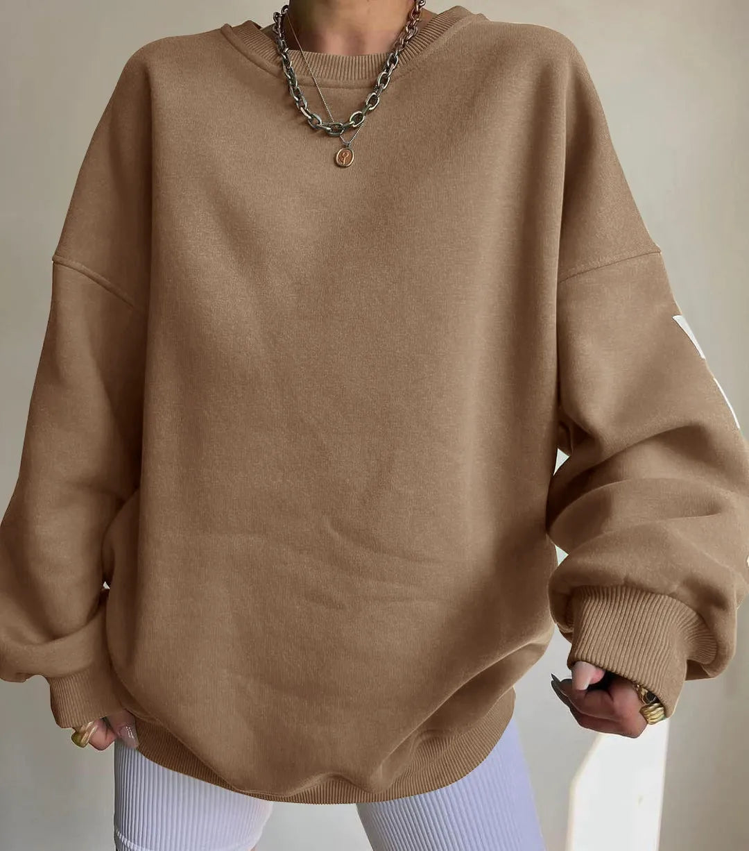 Women’s Oversized Sweatshirt – Cotton Blend – Long Sleeve – Graphic Sleeve Detail
