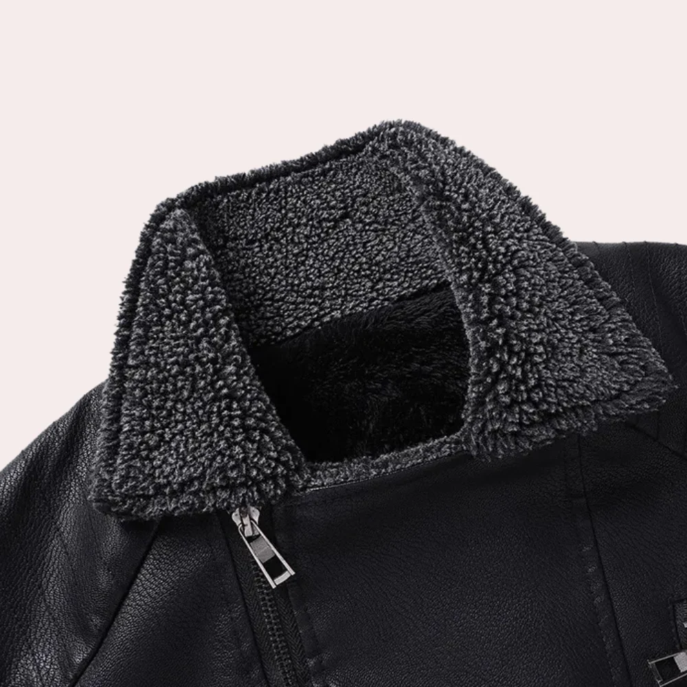 Men’s Faux Leather Jacket – Structured Fit – Shearling Lined – Quilted Shoulders