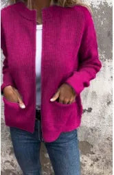 Women’s Jacket – Ribbed Knit – Loose Fit – Stand Collar – Zip Front – Hip Length