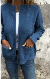 Women’s Jacket – Ribbed Knit – Loose Fit – Stand Collar – Zip Front – Hip Length