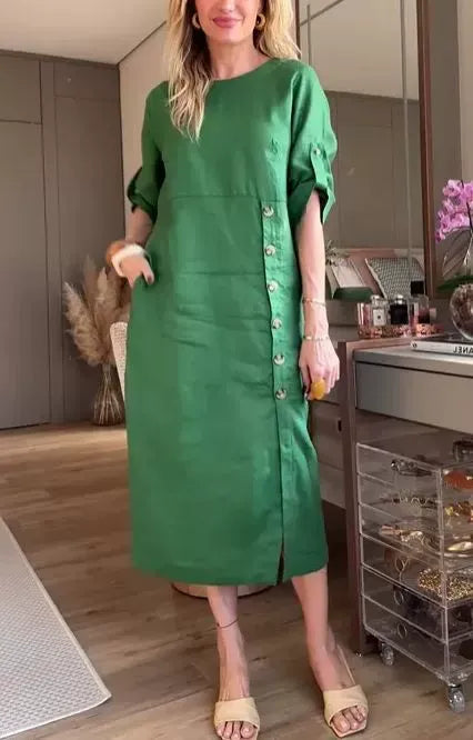 Women’s Midi Dress – Relaxed Fit – Cotton Linen – Side Buttons – Short Sleeve