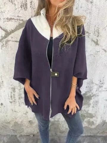 Women’s Wool Jacket – Loose Fit – Stand Collar – Zipper Front – Mid-Thigh Length