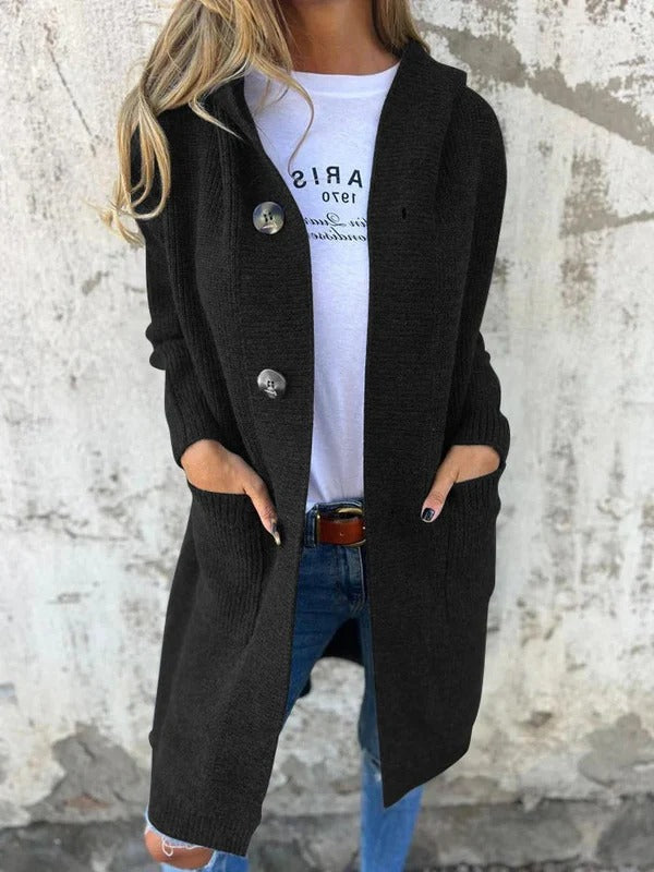 Women’s Long Cardigan – Relaxed Fit – Wool Knit – Button Front – Knee Length – Pockets