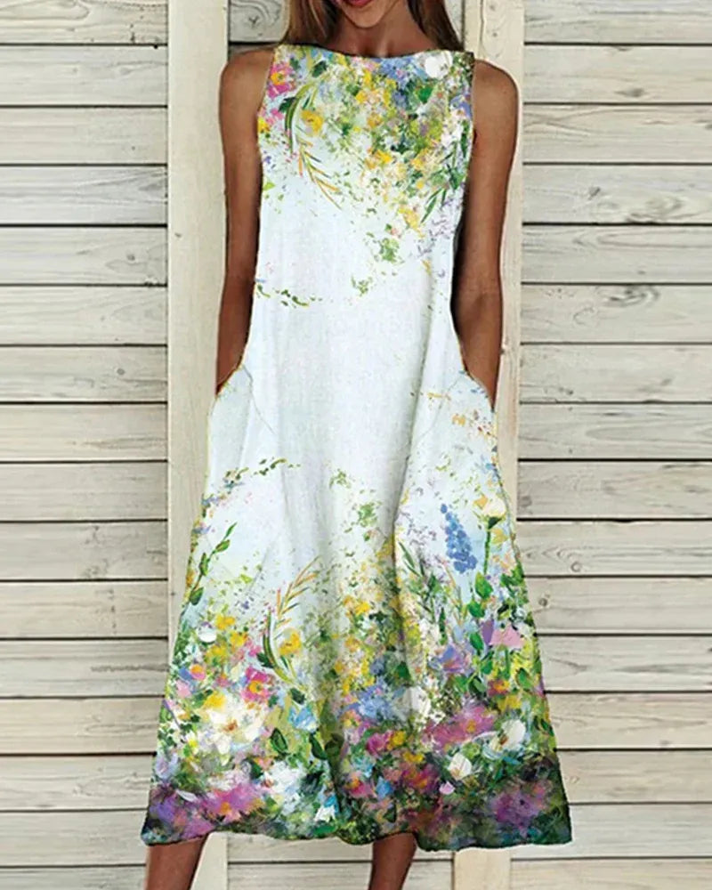 Women’s Midi Dress – A-Line Relaxed Fit – Sleeveless – Breathable Blend – Pockets