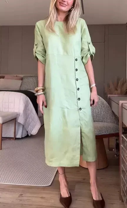 Women’s Midi Dress – Relaxed Fit – Cotton Linen – Side Buttons – Short Sleeve