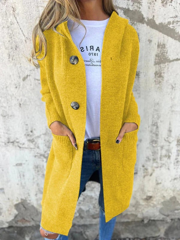 Women’s Long Cardigan – Relaxed Fit – Wool Knit – Button Front – Knee Length – Pockets