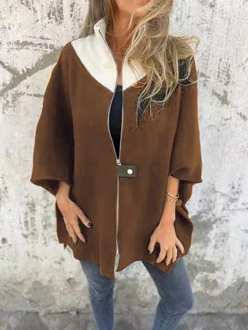 Women’s Wool Jacket – Loose Fit – Stand Collar – Zipper Front – Mid-Thigh Length