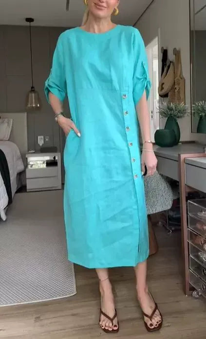 Women’s Midi Dress – Relaxed Fit – Cotton Linen – Side Buttons – Short Sleeve