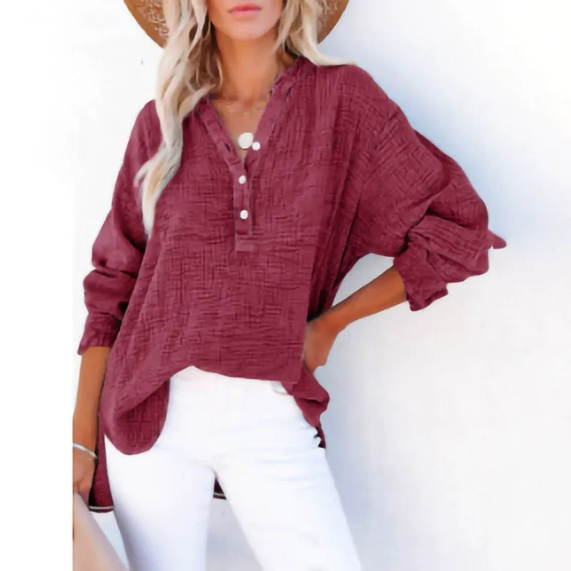Women’s Shirt – Loose Fit – Cotton – Pleated Front – Button-Up Long Sleeve