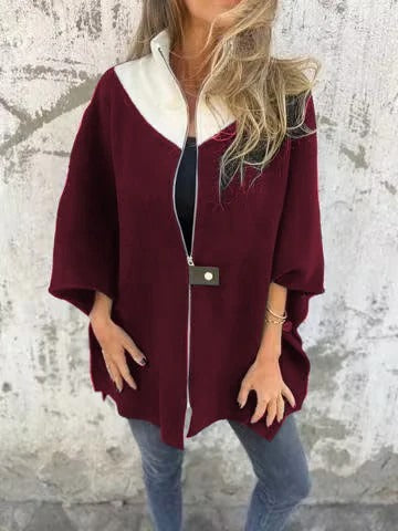 Women’s Wool Jacket – Loose Fit – Stand Collar – Zipper Front – Mid-Thigh Length