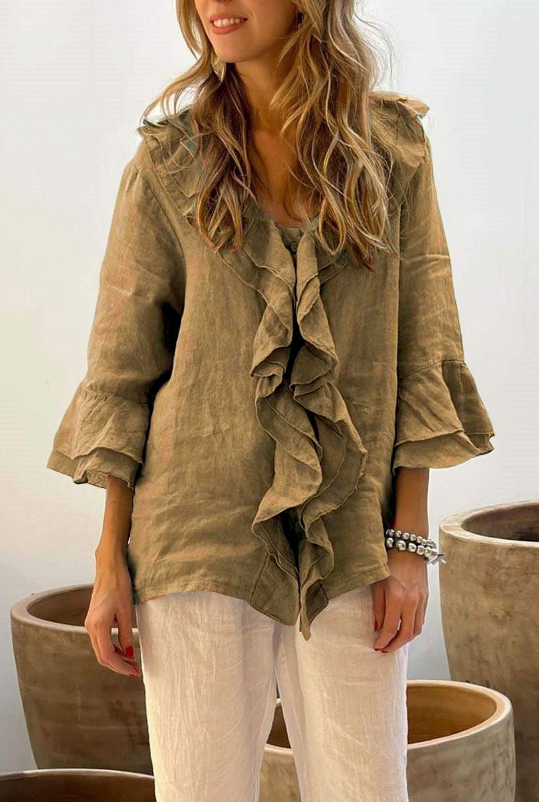 Women’s V-Neck Top – Loose Fit – Ruffle Trim – Bell Sleeves – Lightweight Linen