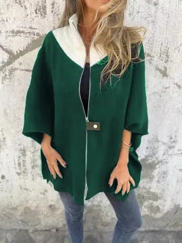 Women’s Wool Jacket – Loose Fit – Stand Collar – Zipper Front – Mid-Thigh Length