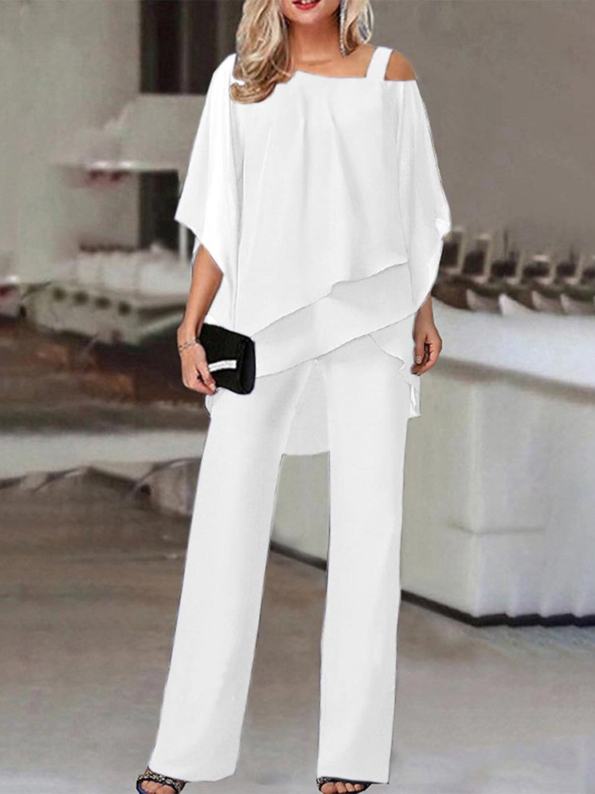 Women’s Two Piece Set – Off Shoulder Top with Asymmetrical Hem – Breathable Blend Pants