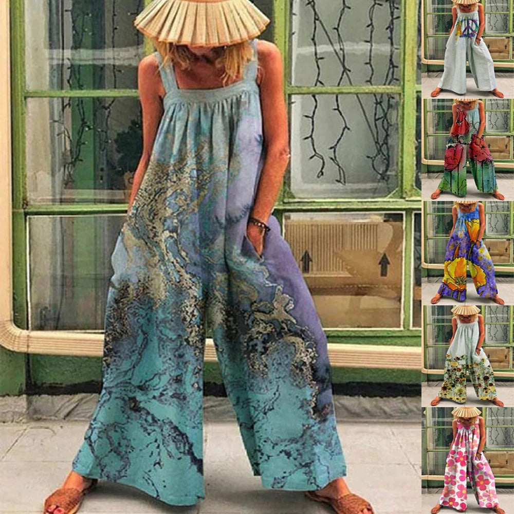 Women’s Wide-Leg Overall – Sleeveless Relaxed Fit – Artistic Print – Soft Drape Fabric