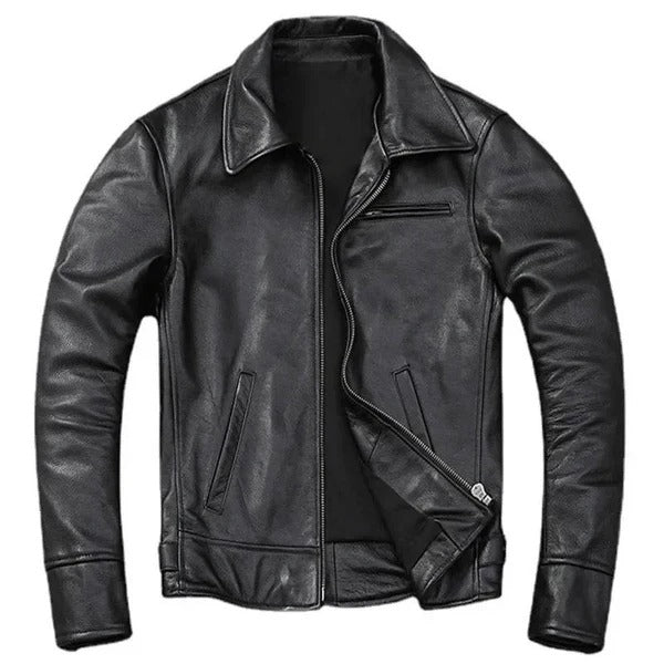 Men’s Leather Jacket – Distressed Finish – Standard Fit – Zipper Closure – Classic Collar