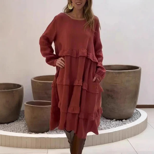 Women’s Maxi Dress – Linen – A-Line Fit – Ruffled Sleeves – Tiered Modest Style