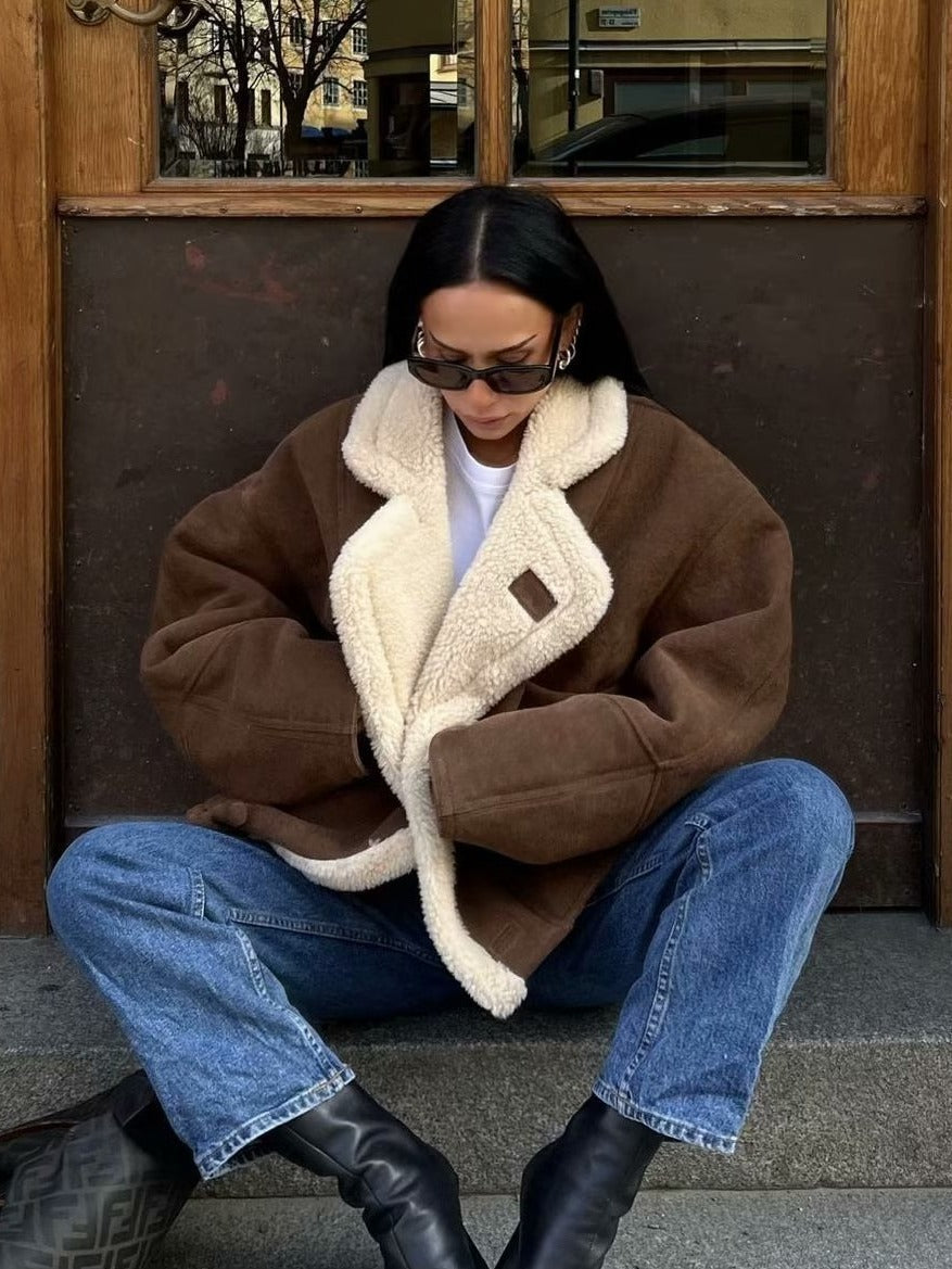 Women’s Coat – Oversized Loose Fit – Fleece Lined – Suede Look – Mid Hip Length