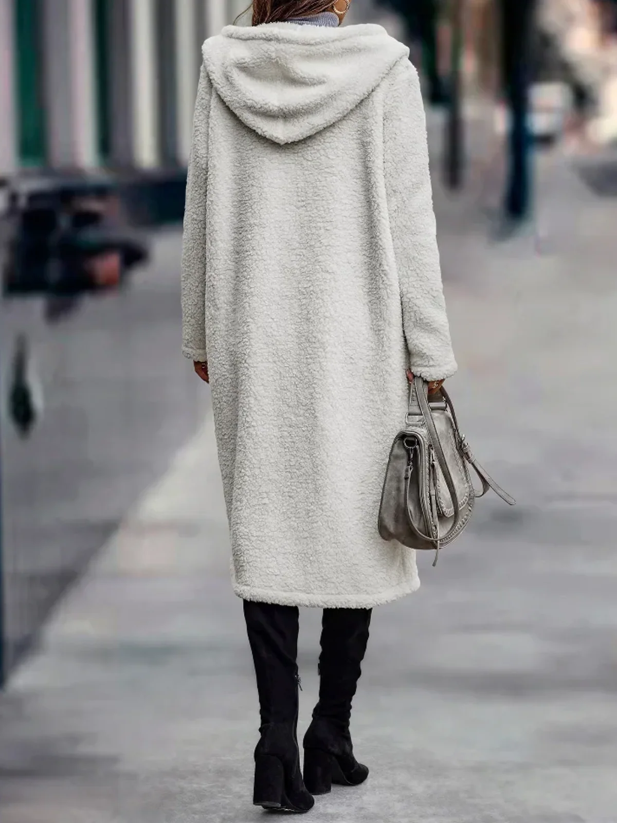 Women’s Overcoat – Teddy Texture – Relaxed Fit – Calf Length – Hooded Open Front