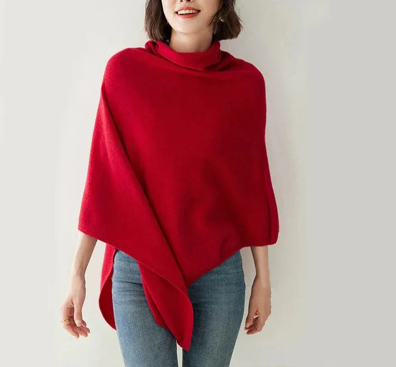 Women’s Poncho Top – Oversized Fit – Wool Blend – Cowl Neck – Draped Asymmetrical Hem