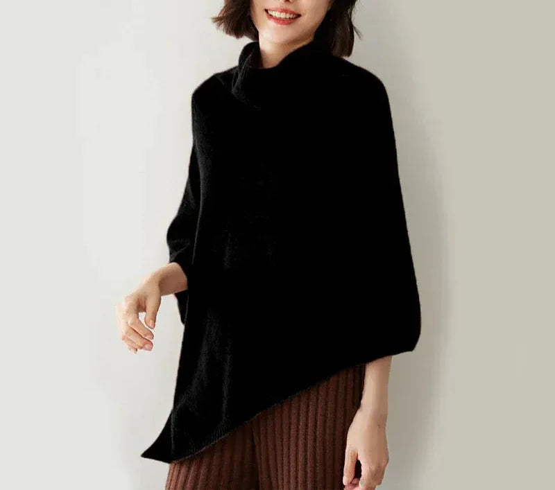 Women’s Poncho Top – Oversized Fit – Wool Blend – Cowl Neck – Draped Asymmetrical Hem