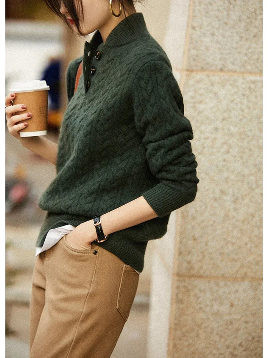 Women’s Sweatshirt – Relaxed Fit – Wool Knit – Cable Pattern – Half-Zip Stand Collar