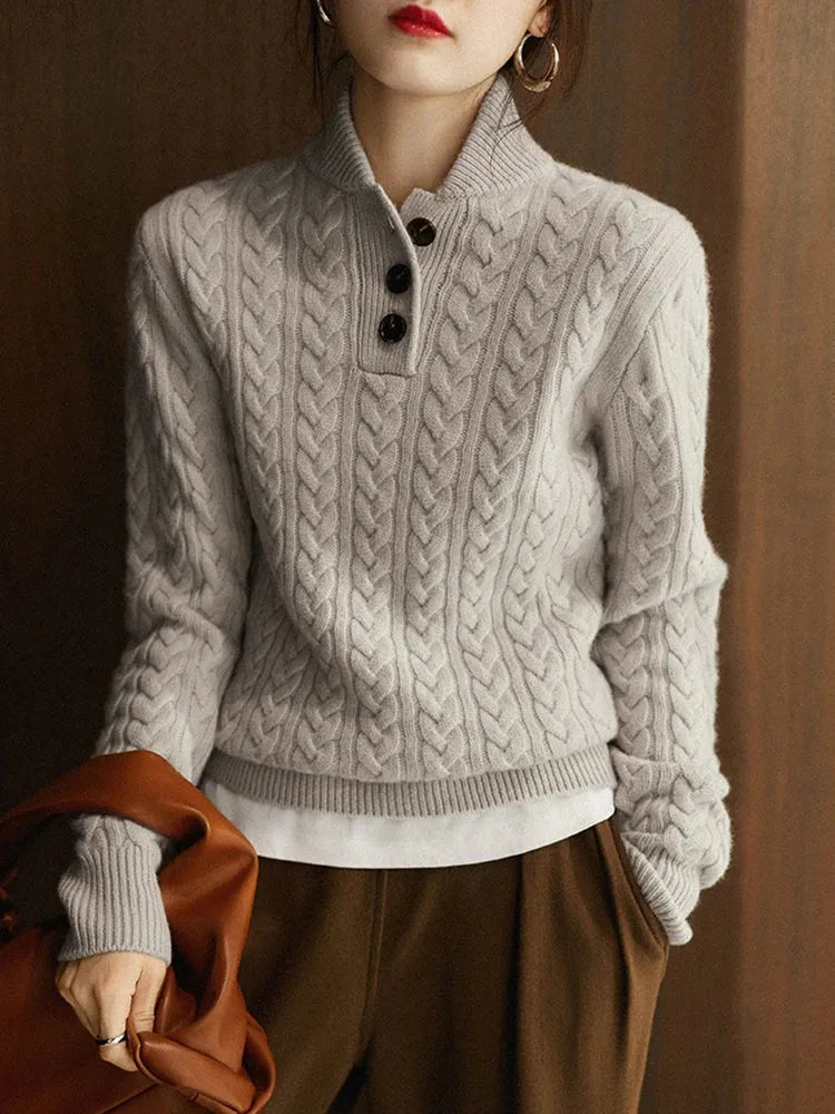 Women’s Sweatshirt – Relaxed Fit – Wool Knit – Cable Pattern – Half-Zip Stand Collar