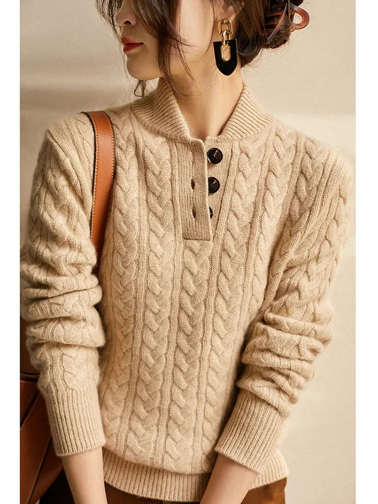 Women’s Sweatshirt – Relaxed Fit – Wool Knit – Cable Pattern – Half-Zip Stand Collar