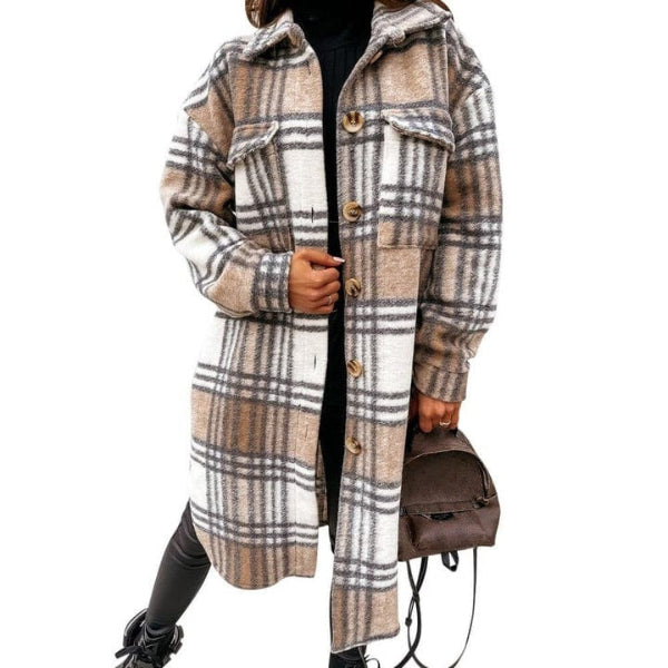 Women’s Checkered Jacket – Oversized Fit – Wool Blend – Knee Length – Button Front