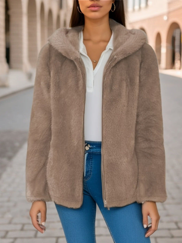 Women’s Zip-Up Jacket – Faux Fur – Sherpa Lined – Hooded – Relaxed Fit