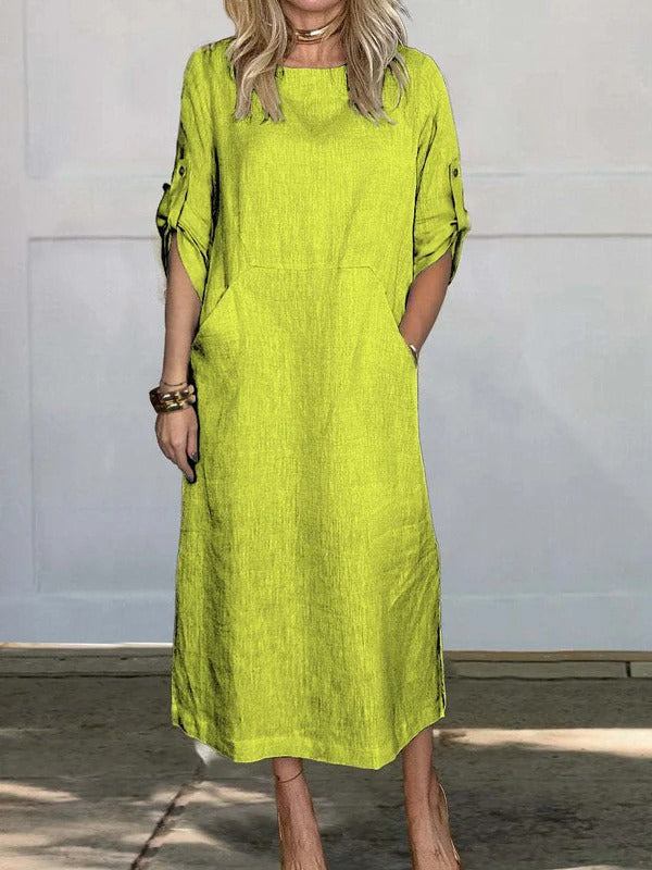Women’s Maxi Dress – Relaxed Fit – Linen Feel – Roll-Up Sleeves – Side Pockets