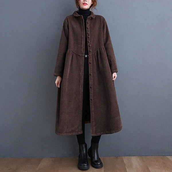 Women’s Corduroy Coat – Oversized Fit – Button Down – Calf Length – Ribbed Texture