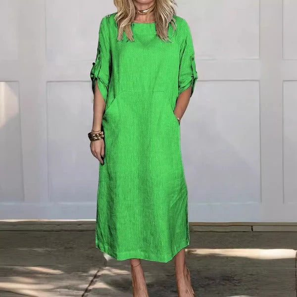 Women’s Maxi Dress – Relaxed Fit – Linen Feel – Roll-Up Sleeves – Side Pockets
