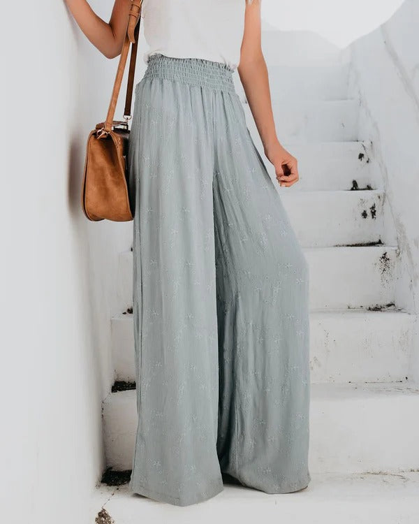 Women’s Wide-Leg Trousers – Relaxed Fit – Elastic Waist – Floral Print – Lightweight Fabric