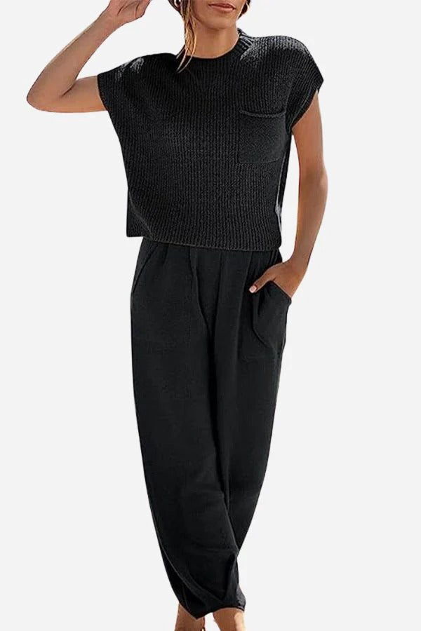 Women’s Two-Piece Set – Ribbed Knit Sleeveless Top – Wide-Leg Trouser