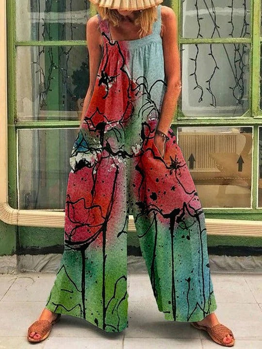 Women’s Wide-Leg Overall – Sleeveless Relaxed Fit – Artistic Print – Soft Drape Fabric