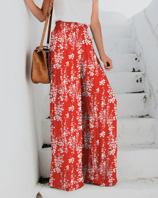 Women’s Wide-Leg Trousers – Relaxed Fit – Elastic Waist – Floral Print – Lightweight Fabric