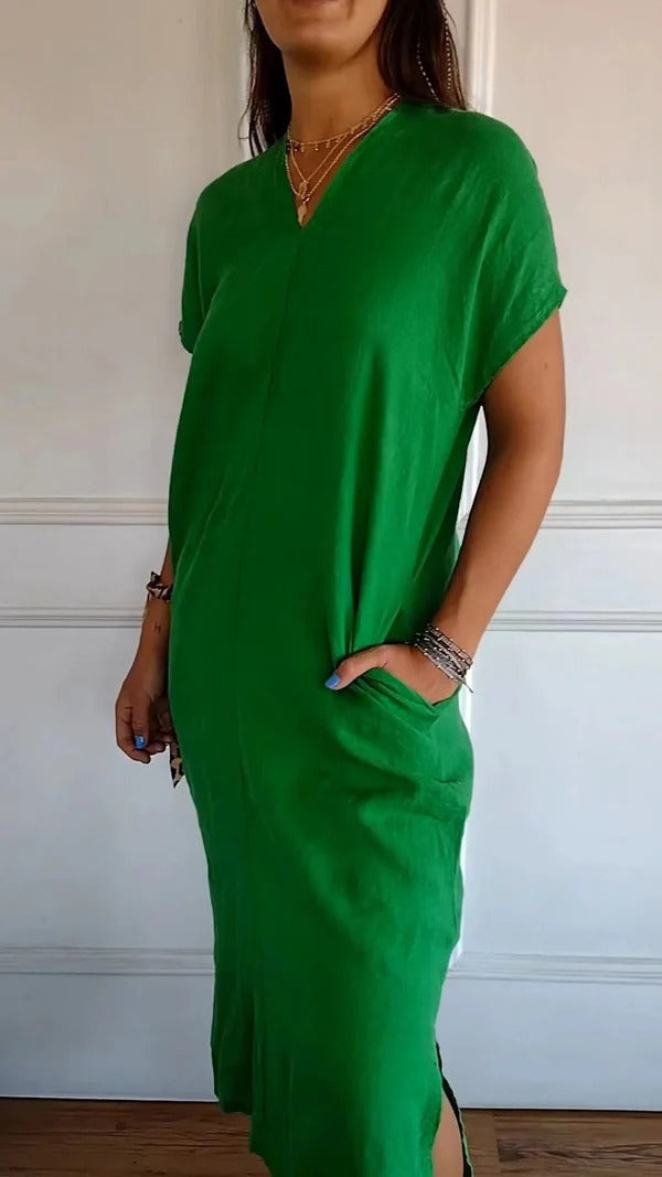 Women’s Maxi Dress – Relaxed Fit – Cotton Feel – V-Neck – Short Sleeve – With Pockets