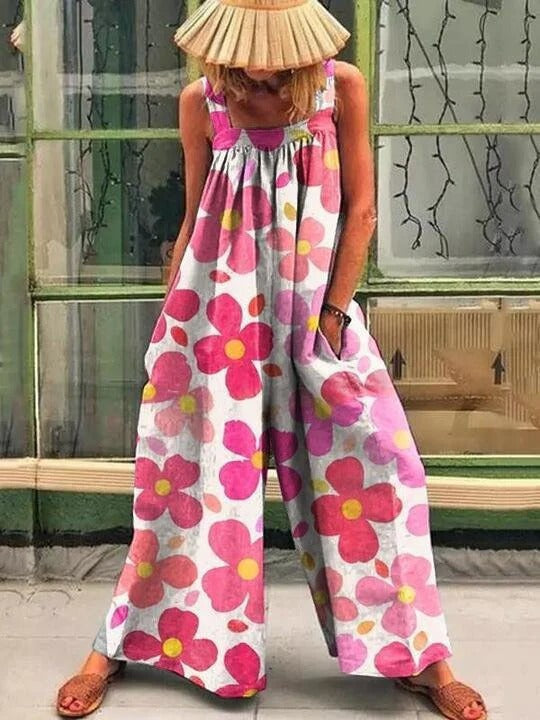 Women’s Wide-Leg Overall – Sleeveless Relaxed Fit – Artistic Print – Soft Drape Fabric