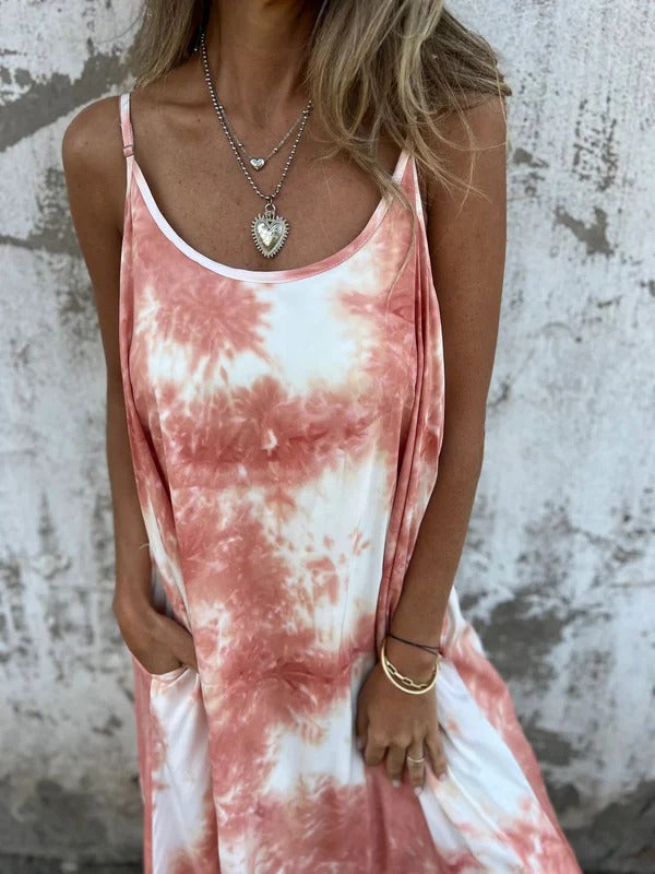 Women’s Maxi Dress – Relaxed Flowing Fit – Scoop Neck – Spaghetti Straps – Tie-Dye Look